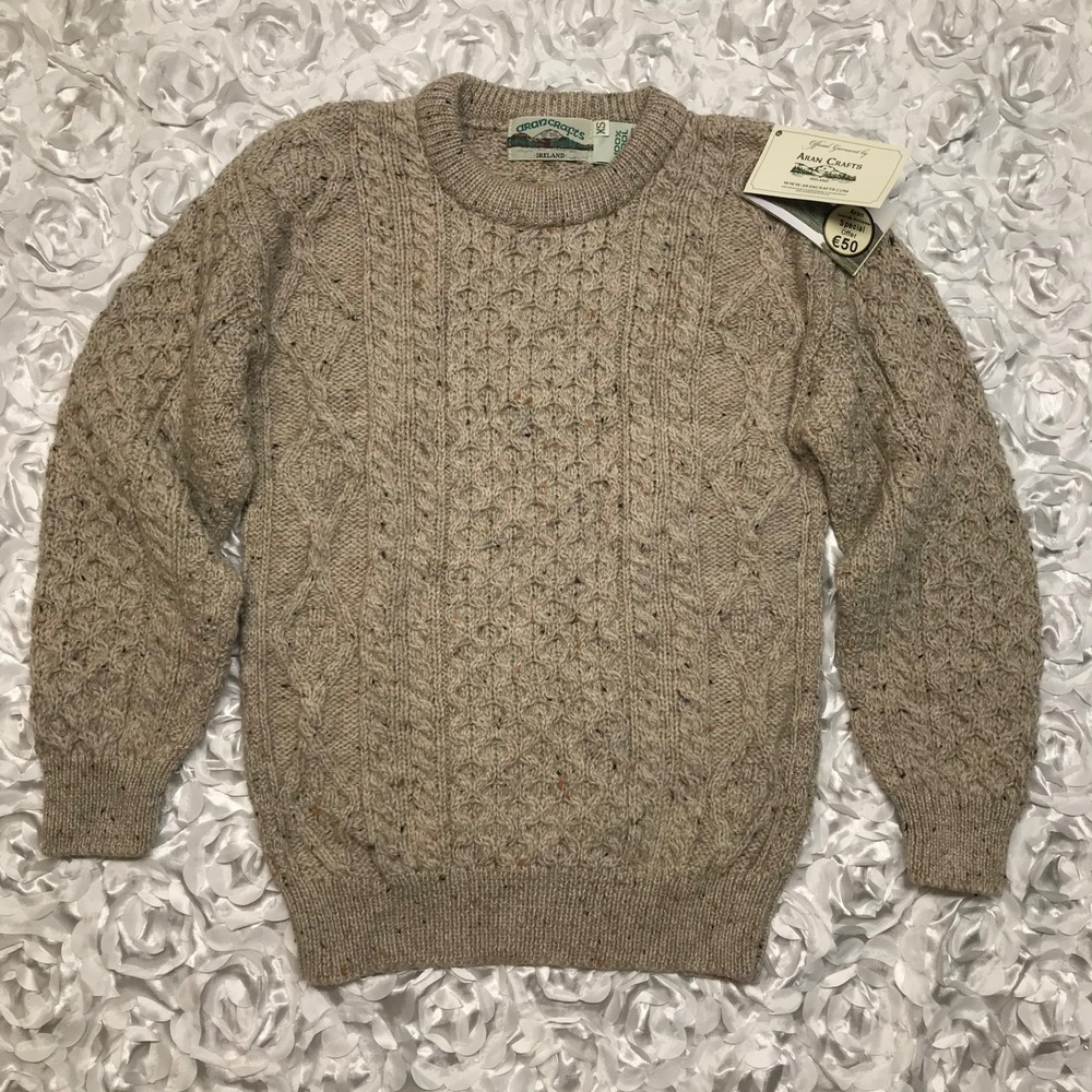 Aran Crafts Sweater Womens Sz XS Beige Cable Knit Skiddaw Crew Neck Wool Ireland